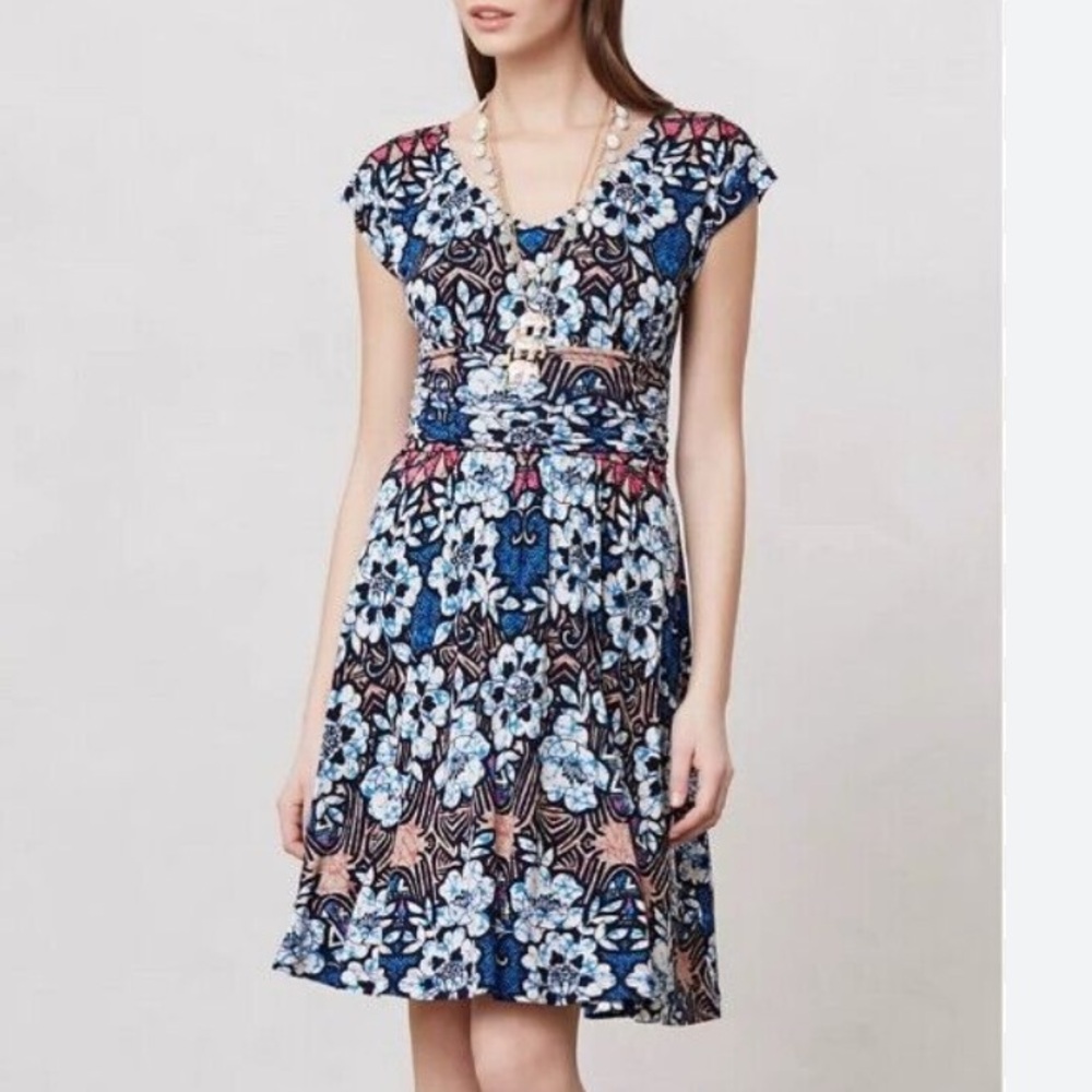 Anthropologie MEADOW RUE Batik Gardenia Floral Rayon Jersey Dress S Like new - Picture 2 of 10